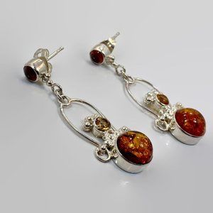 Amber Earrings, Citrine, Garnet, Long, Sterling Silver, Designer, Sajen,Vintage